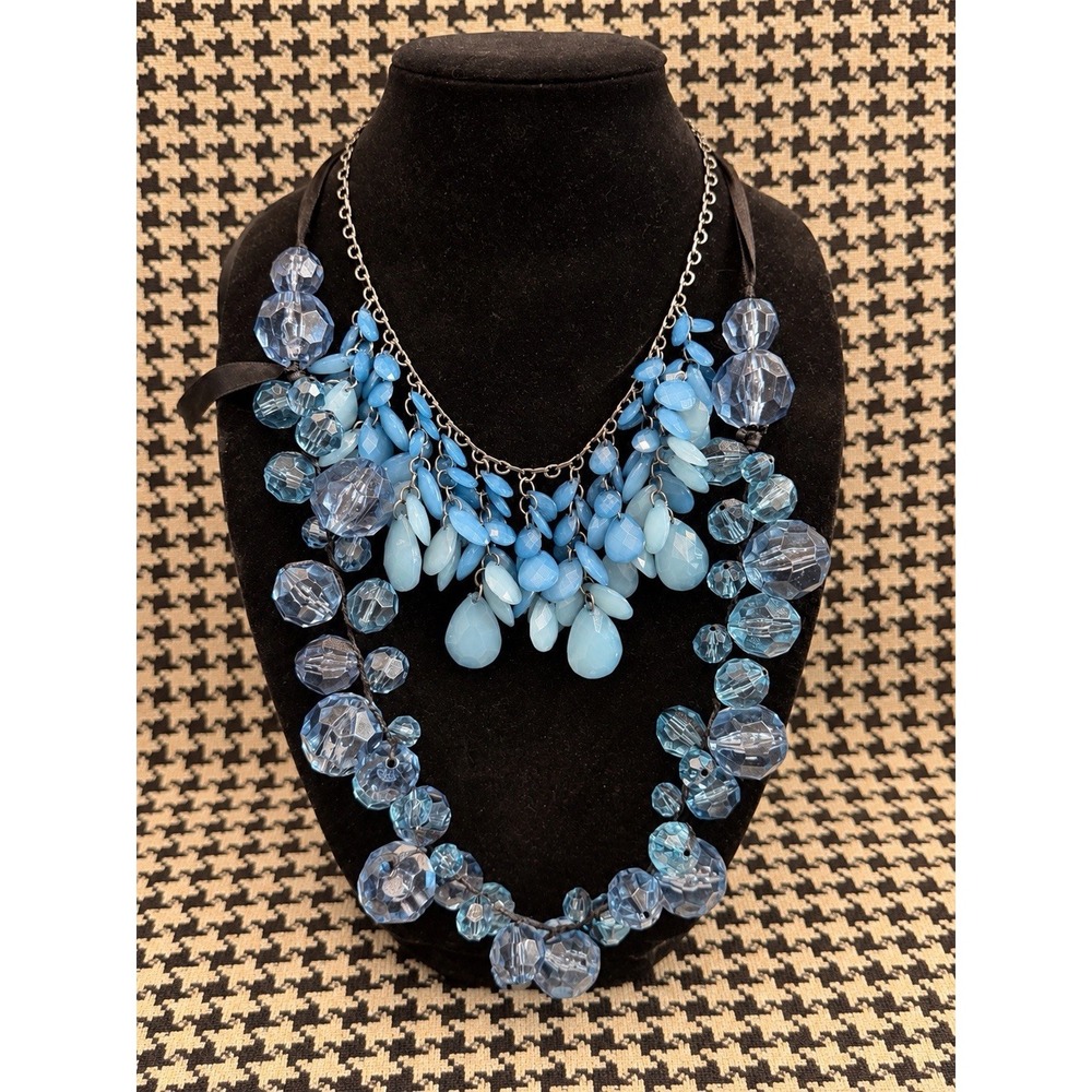 Lot 2 Blue Chunky Statement Necklaces Faceted Bauble Bib Teardrop Y2K Costume
